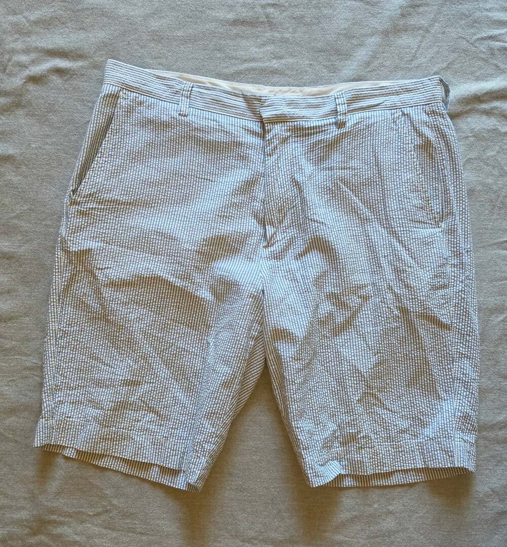 JCrew Mens Size 35 Blue White Seersucker Striped Cotton Chino Shorts Preppy